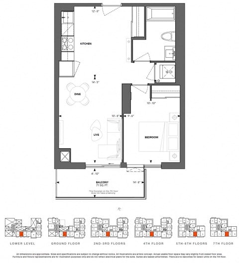 Floor plan for 1 bed, 1 bath, 597 sqft